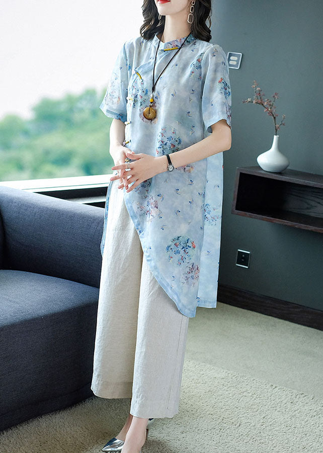 Vintage Light Blue Mandarin Collar Asymmetrical Design Print Linen Tops And Pants 2 Piece Outfit Summer