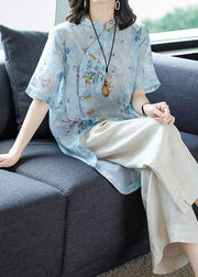 Vintage Light Blue Mandarin Collar Asymmetrical Design Print Linen Tops And Pants 2 Piece Outfit Summer