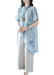 Vintage Light Blue Mandarin Collar Asymmetrical Design Print Linen Tops And Pants 2 Piece Outfit Summer