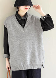 Vintage Light Gray Knitwear Plus Size Clothing V Neck Sleeveless Knit Blouse - bagstylebliss