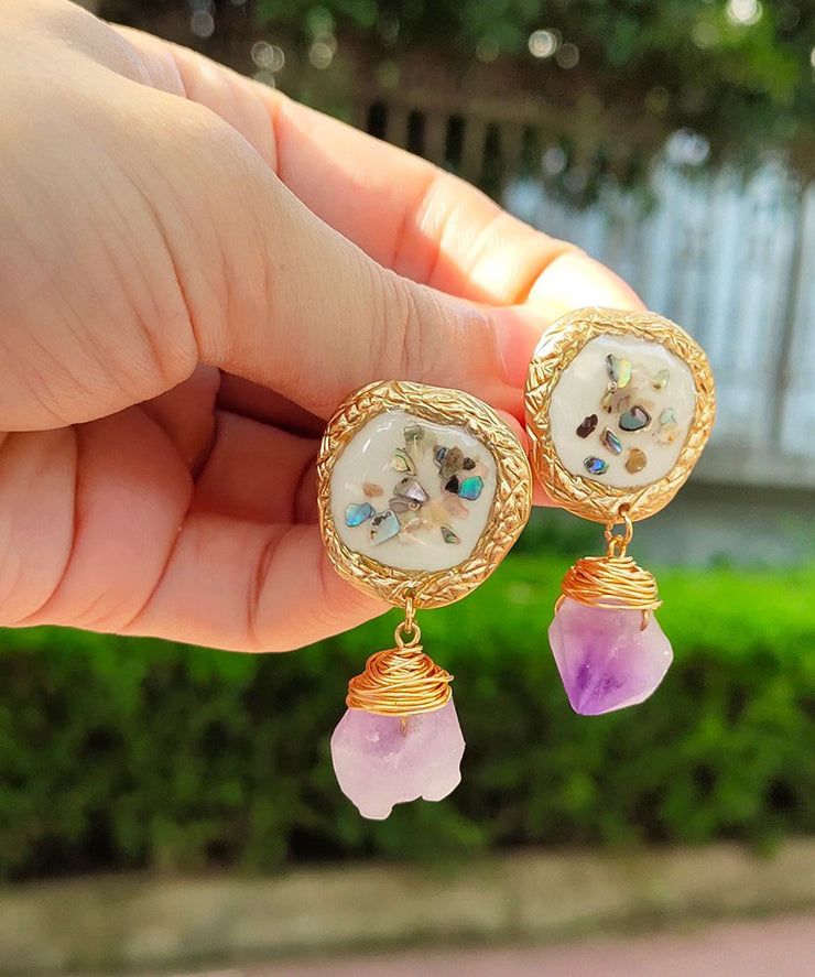 Vintage Light Purple Alloy Gem Stone Drop Earrings