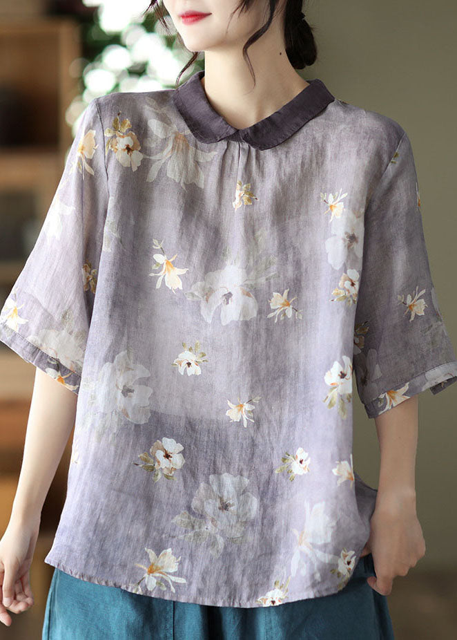 Vintage Light Purple Peter Pan Collar Print Linen Shirts Short Sleeve