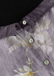 Vintage Light Purple Peter Pan Collar Print Linen Shirts Short Sleeve