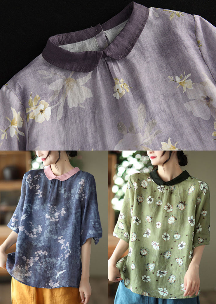 Vintage Light Purple Peter Pan Collar Print Linen Shirts Short Sleeve