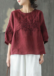 Vintage Mulberry O-Neck Embroideried Tops Spring