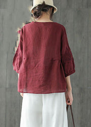 Vintage Mulberry O-Neck Embroideried Tops Spring