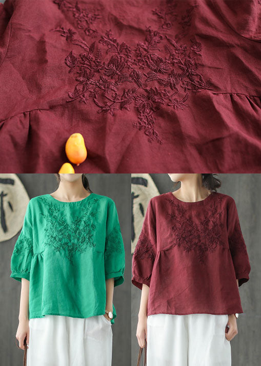 Vintage Mulberry O-Neck Embroideried Tops Spring