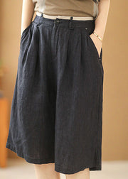 Vintage Navy Elastic Waist Pockets Linen Straight Pants Shorts Summer