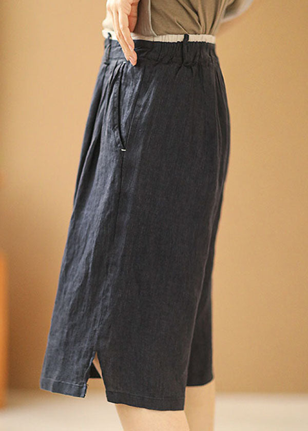 Vintage Navy Elastic Waist Pockets Linen Straight Pants Shorts Summer