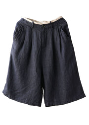 Vintage Navy Elastic Waist Pockets Linen Straight Pants Shorts Summer