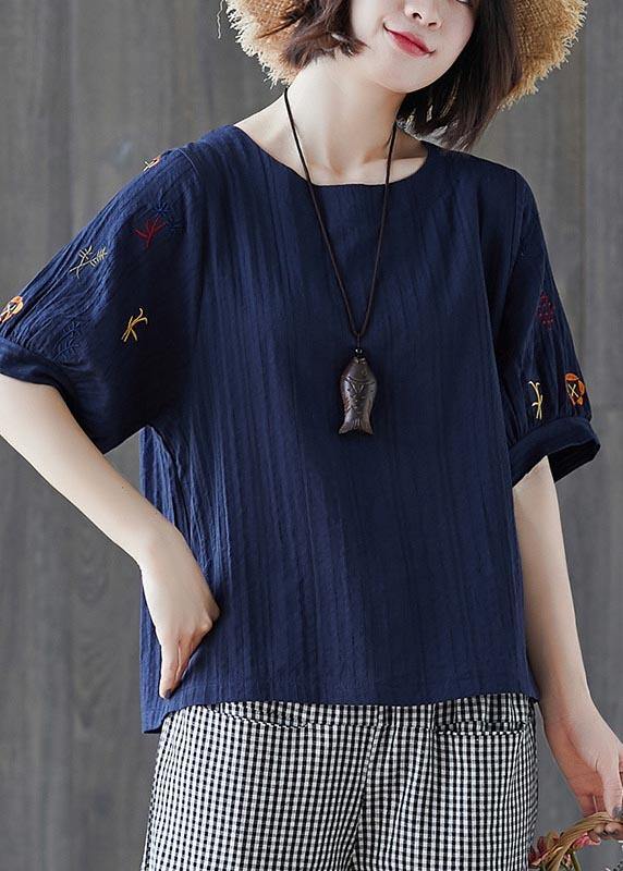Vintage Navy Embroideried Cotton Linen T Shirts Summer - bagstylebliss