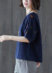 Vintage Navy Embroideried Cotton Linen T Shirts Summer - bagstylebliss