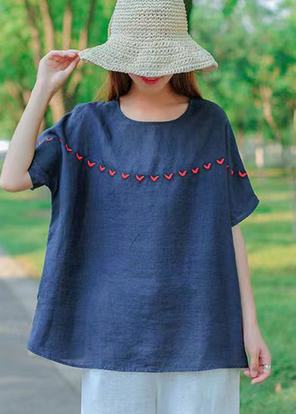 Vintage Navy O-Neck Embroideried Cotton Tank Tops Short Sleeve