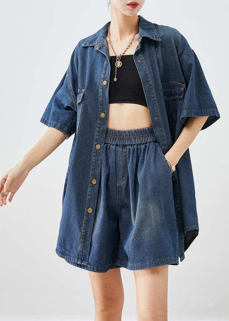 Vintage Navy Oversized Denim Two Piece Set Women Clothing Summer