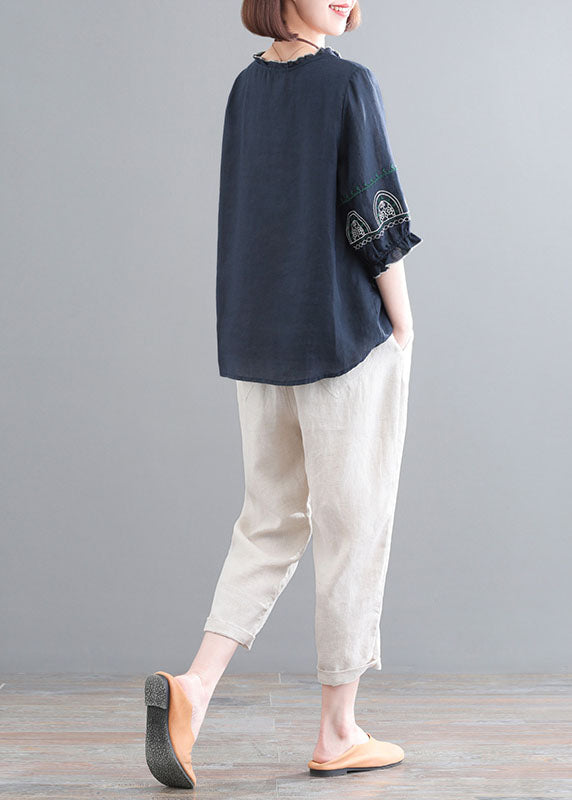 Vintage Navy Ruffled Embroidered Linen Tops And Crop Pants Two Piece Set Women Clothing Half Sleeve