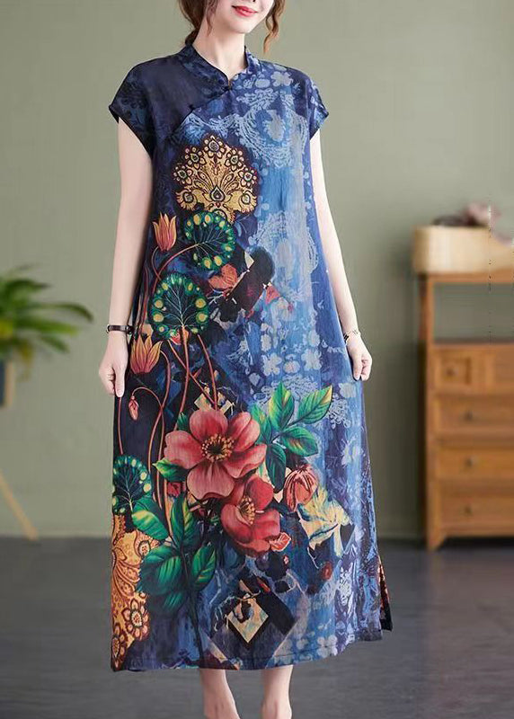 Vintage Navy Stand Collar Side Open Print Cheongsam Dresses Short Sleeve