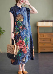 Vintage Navy Stand Collar Side Open Print Cheongsam Dresses Short Sleeve