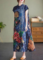 Vintage Navy Stand Collar Side Open Print Cheongsam Dresses Short Sleeve