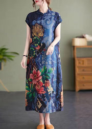 Vintage Navy Stand Collar Side Open Print Cheongsam Dresses Short Sleeve