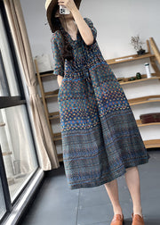 Vintage Navy V Neck Cinched Print Linen Long Dress Short Sleeve