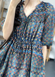 Vintage Navy V Neck Cinched Print Linen Long Dress Short Sleeve