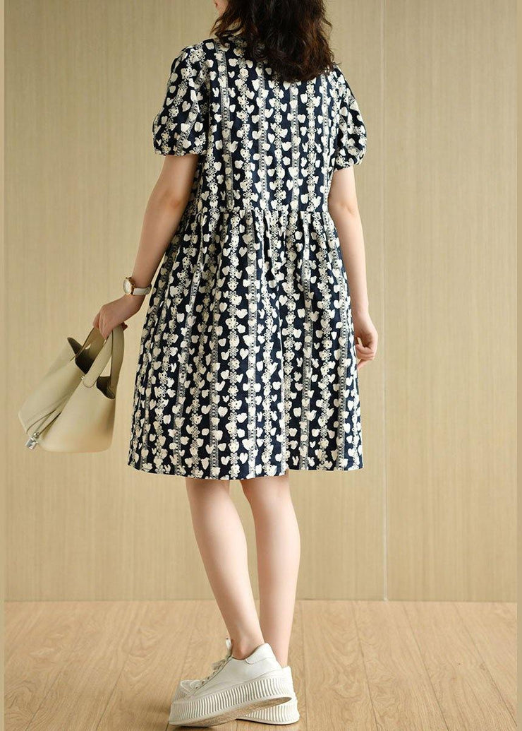 Vintage Navy V Neck Loose Print Summer Cotton Dress Short Sleeve - bagstylebliss