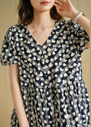 Vintage Navy V Neck Loose Print Summer Cotton Dress Short Sleeve - bagstylebliss