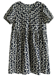 Vintage Navy V Neck Loose Print Summer Cotton Dress Short Sleeve - bagstylebliss