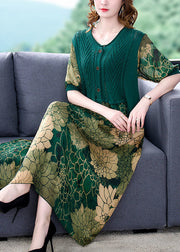 Vintage O-Neck Green Knit Patchwork Print Silk Dresses Summer