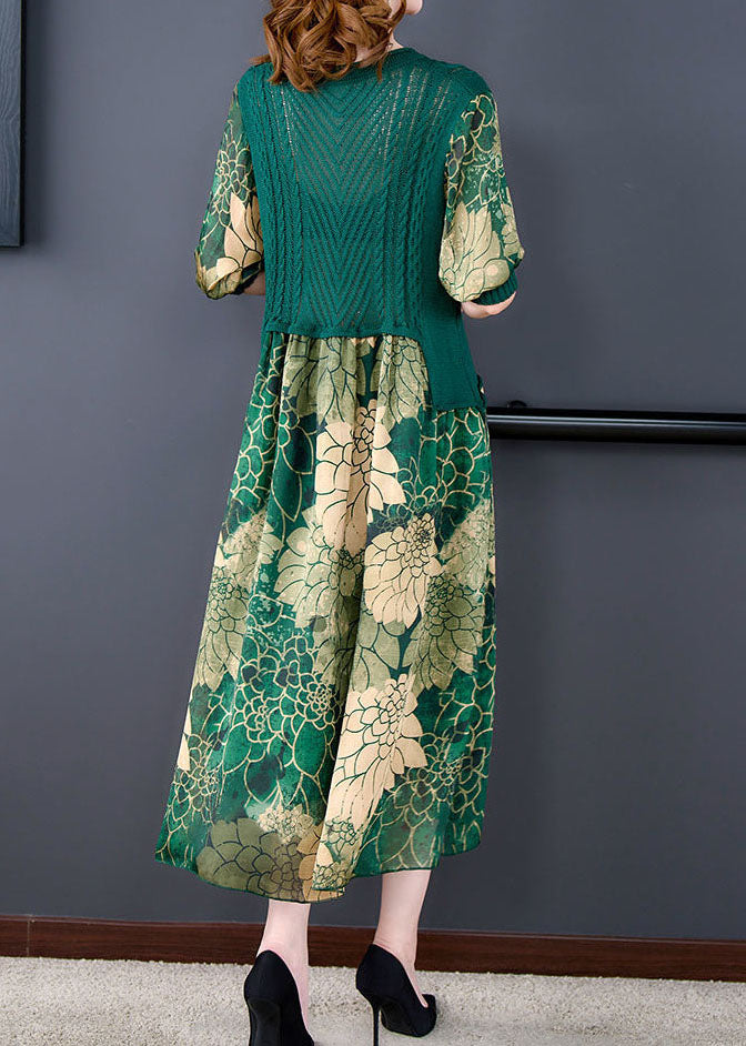 Vintage O-Neck Green Knit Patchwork Print Silk Dresses Summer