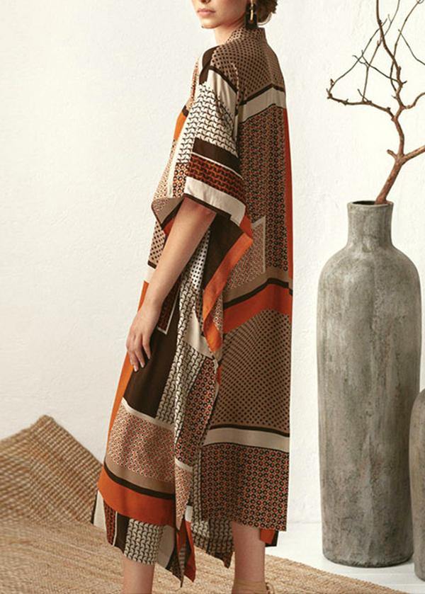 Vintage Orange Chocolate Print Half Sleeve kimono Robe Summer Chiffon Dress - bagstylebliss
