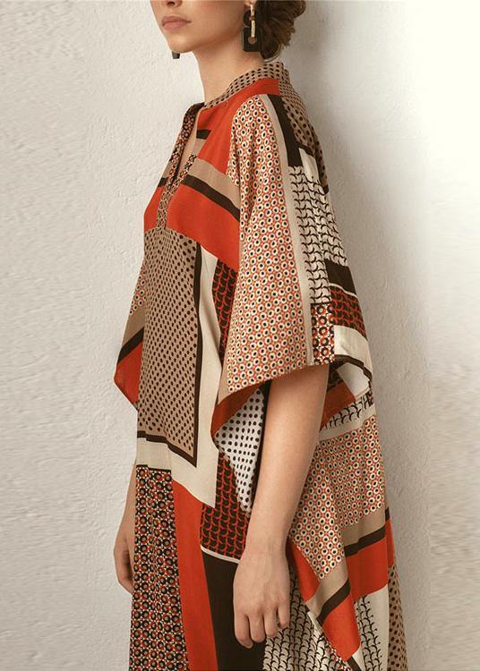Vintage Orange Chocolate Print Half Sleeve kimono Robe Summer Chiffon Dress - bagstylebliss