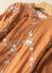 Vintage Orange Embroidered Chinese Button Patchwork Linen Dress Summer