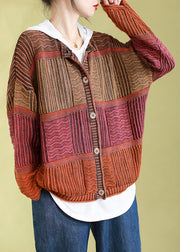 Vintage Orange O-Neck Striped Patchwork Button Cotton Knit Cardigan Spring