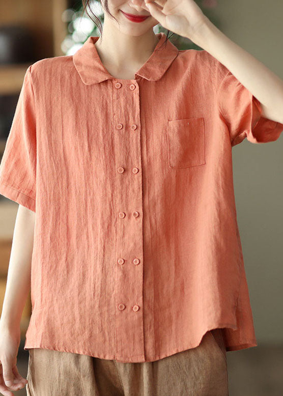 Vintage Orange Bubikragen Doppelbrust Leinen Shirt Tops Kurzarm