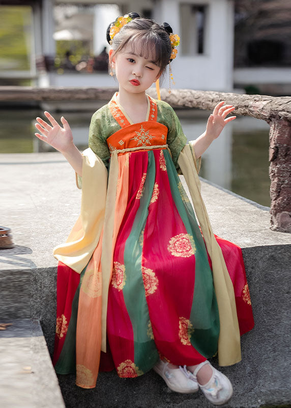 Vintage Orange Print Wrinkled Patchwork Chiffon Kids Girls Long Dresses Summer