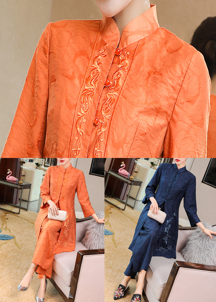 Vintage Orange Stand Collar Embroidered Silk Two Piece Set Fall