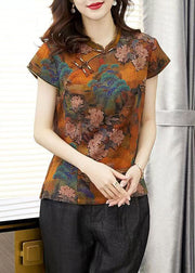 Vintage Orange Stand Collar Print Button Silk T Shirts Summer