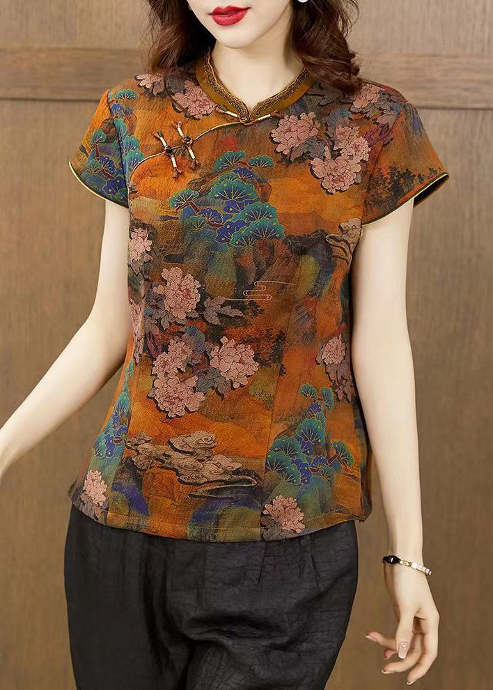 Vintage Orange Stand Collar Print Button Silk T Shirts Summer