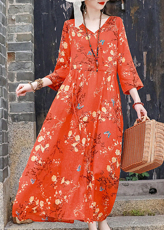 Vintage Orange V Neck Print Cotton Linen Party Dress Bracelet Sleeve