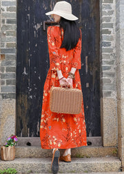 Vintage Orange V Neck Print Cotton Linen Party Dress Bracelet Sleeve