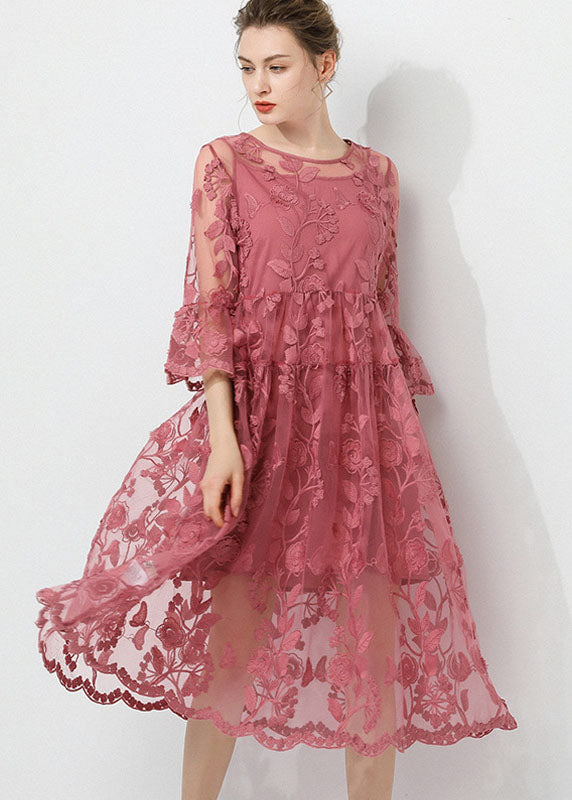 Vintage Pink Embroidered O-Neck Two Pieces Set Lace Dress