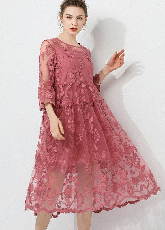 Vintage Pink Embroidered O-Neck Two Pieces Set Lace Dress