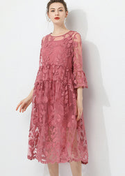 Vintage Pink Embroidered O-Neck Two Pieces Set Lace Dress