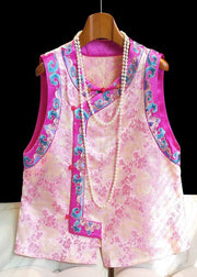 Vintage Pink Embroidered Patchwork Silk Vest Tops Sleeveless