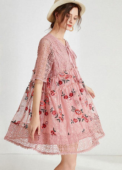 Vintage Pink Hollow Out Embroideried Summer Mid Dress Half Sleeve - bagstylebliss