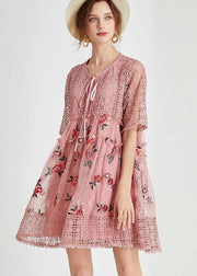 Vintage Pink Hollow Out Embroideried Summer Mid Dress Half Sleeve - bagstylebliss