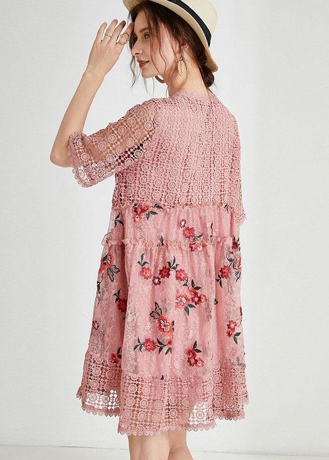 Vintage Pink Hollow Out Embroideried Summer Mid Dress Half Sleeve - bagstylebliss