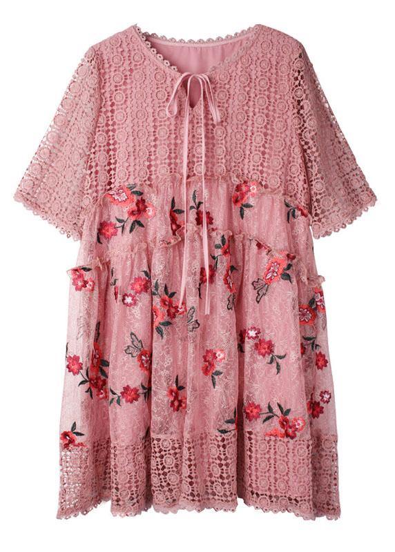 Vintage Pink Hollow Out Embroideried Summer Mid Dress Half Sleeve - bagstylebliss