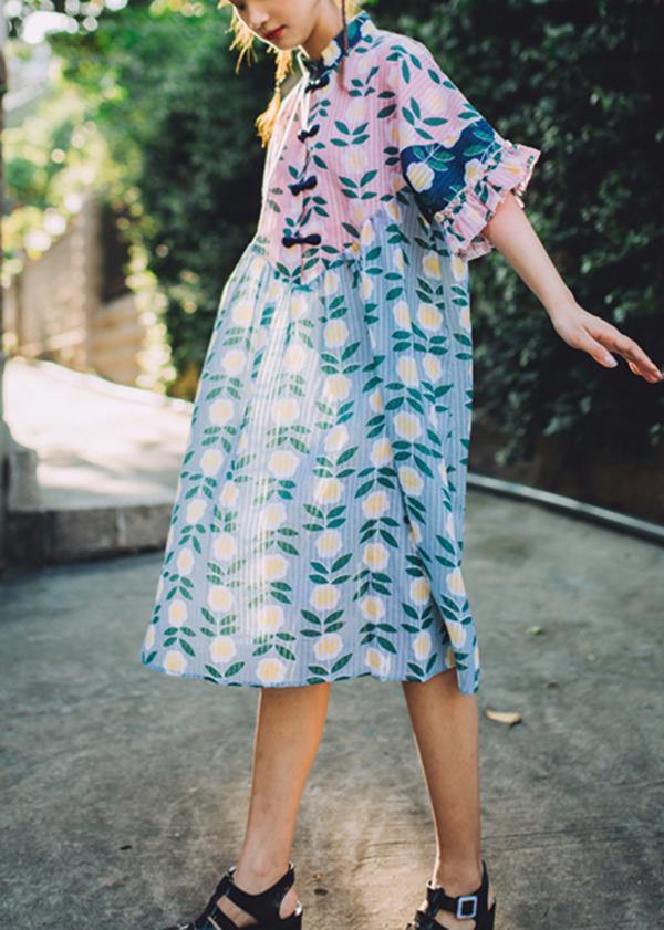 Vintage Pink Print Cute stand collar Summer Dress - bagstylebliss